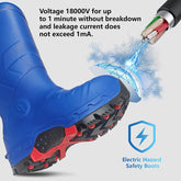 Blue electric hazard safety work boots, rated up to 18,000V for 1 minute with leakage under 1mA. Designed for superior protection in high-voltage environments